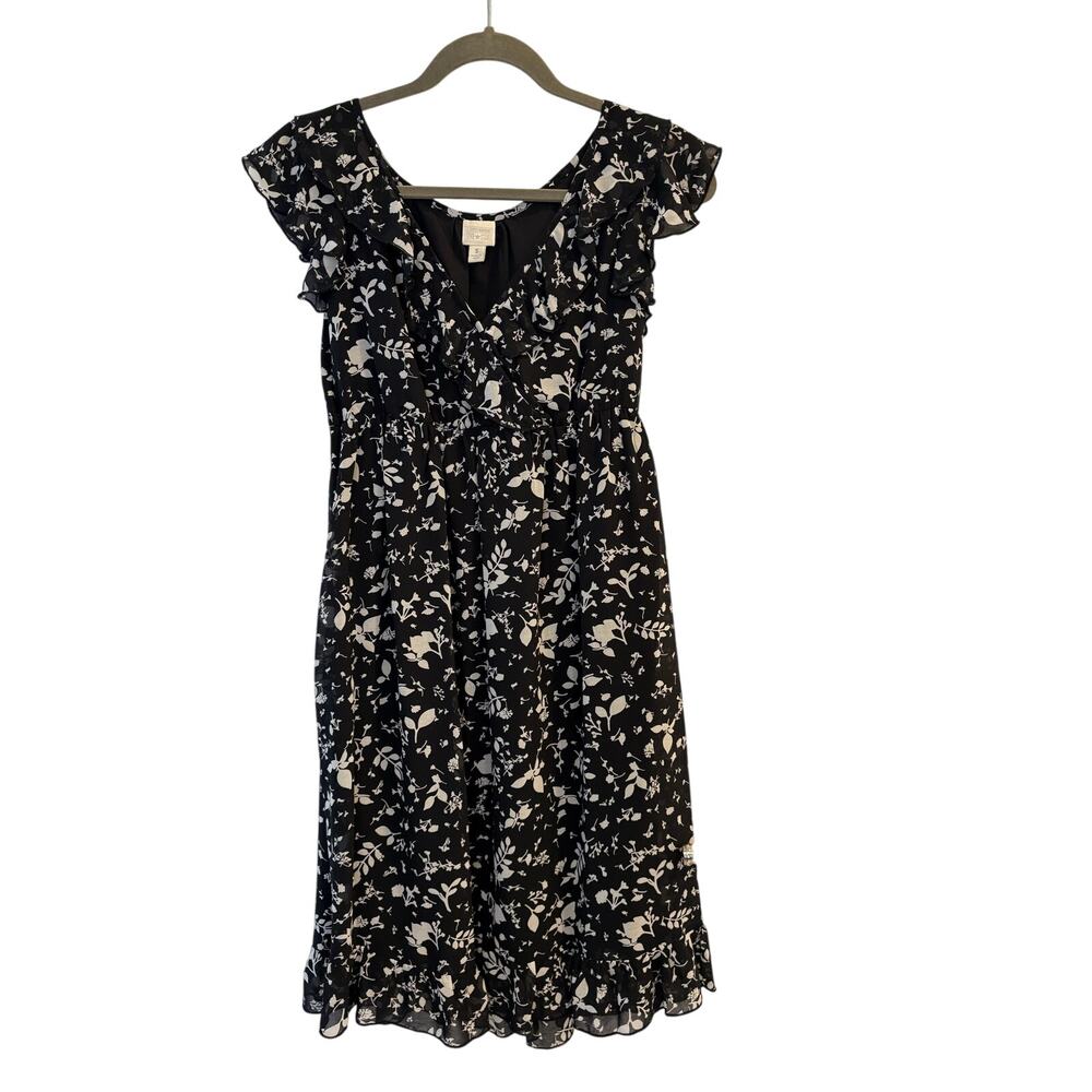 Converse One Star Floral Midi Dress Ruffle Flutter Sleeve Fit Flare Black Small